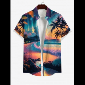 Rosegal, Plus Size Coconut Tree Sea Waves Coloful Cloud Print Pocket Buttons Shirt For Men