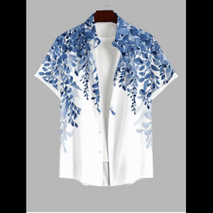 Rosegal, Plus Size Art Leaf Wicker Plant Print Buttons Pocket Hawaii Shirt For Men