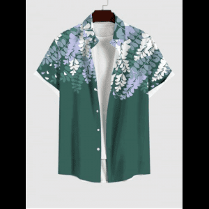 Rosegal, Plus Size Branch Leaves Print Hawaii Ombre Button Pocket Shirt For Men