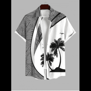 Rosegal, Plus Size Coconut Tree Tropical Leaves Colorblock Print Hawaii Button Pocket Shirt For Men