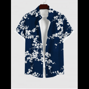Rosegal, Plus Size Plum Bossom Flower Branch Print Buttons Pocket Shirt For Men