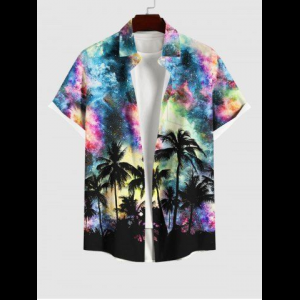Rosegal, Plus Size Coconut Tree Colorful Tie Dye Galaxy Print Hawaii Button Pocket Shirt For Men