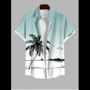Rosegal, Plus Size Coconut Tree Seagull Sailboat Ombre Print Buttons Pocket Hawaii Shirt For Men