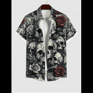 Rosegal, Plus Size Skulls Rose Flower Print Buttons Pocket Shirt For Men