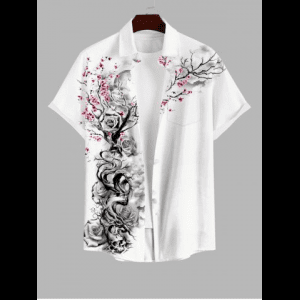 Rosegal, Plus Size Ink Painting Rose Flower Tree Branch Print Button Pocket Shirt For Men