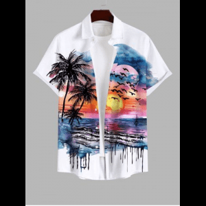 Rosegal, Plus Size Watercolor Sea Coconut Tree Sun Cloud Bird Print Buttons Pocket Hawaii Shirt For Men