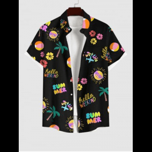 Rosegal, Plus Size Colorful Coconut Tree Sun Letters Floral Print Hawaii Button Pocket Shirt For Men