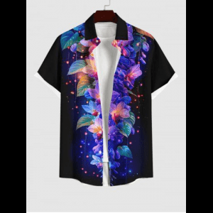 Rosegal, Plus Size Colorful Flowers Leaf Galaxy Glitter 3D Print Buttons Pocket Shirt For Men