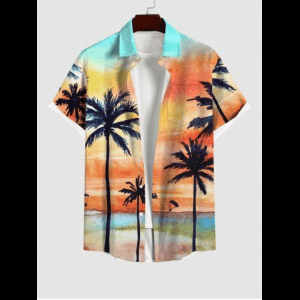 Rosegal, Plus Size Coconut Tree Parachute Ombre Tie Dye Print Buttons Pocket Hawaii Shirt For Men