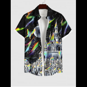 Rosegal, Plus Size Colorful Mushroom Castle Planet Butterfly Print Button Pocket Shirt For Men