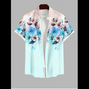 Rosegal, Plus Size Floral Leaf Tie Dye Contrast Colorblock Print Hawaii Button Pocket Shirt For Men