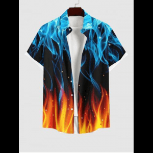 Rosegal, Plus Size Ice and Fire Flame Glitter Dots Print Buttons Pocket Shirt For Men