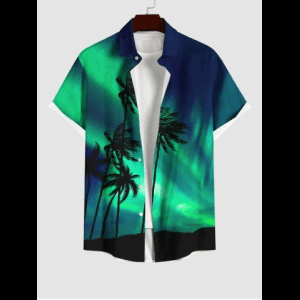 Rosegal, Plus Size Coconut Tree Colorblock Glitter Light Beam 3D Print Buttons Pocket Hawaii Shirt For Men