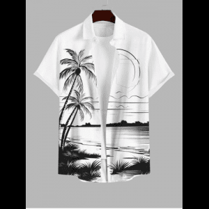 Rosegal, Plus Size Coconut Tree Sea Moon Print Hawaii Button Pocket Shirt For Men
