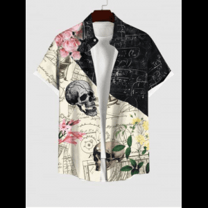Rosegal, Plus Size Skulls Floral Mathematical Geometry Print Button Pocket Shirt For Men