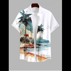 Rosegal, Plus Size Watercolor Coconut Tree Cloud Beach Print Buttons Pocket Hawaii Shirt For Men