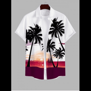 Rosegal, Plus Size Coconut Tree Sunset Sailboat Colorblock Print Buttons Pocket Hawaii Shirt For Men