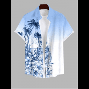 Rosegal, Plus Size Ombre Colorblock Tropical Leaf Flower Sun Print Buttons Pocket Hawaii Shirt For Men