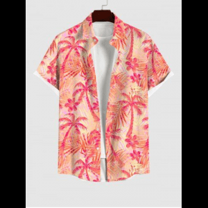 Rosegal, Plus Size Coconut Tree Flowers Print Buttons Pocket Hawaii Shirt For Men