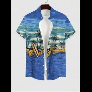 Rosegal, Plus Size Coconut Tree Boat Sea Guitar Print Buttons Pocket Hawaii Shirt For Men