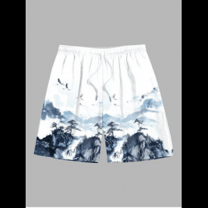 Rosegal, Men's Ink Painting Crane Mountain Pine Tree Print Beach Shorts