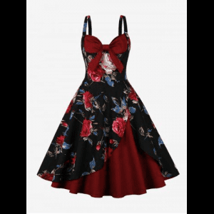 Rosegal, Flowers Leaf Print Tulip Hem Layered Bowknot Panel Tank Vintage Dress
