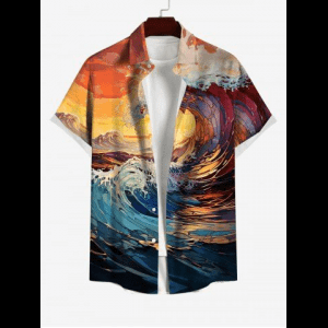 Rosegal, Hawaii Plus Size Vacation Style Sea Waves Sunset Print Buttons Pocket Shirt