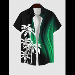 Rosegal, Plus Size Coconut Tree Glitter Curve Light Beam 3D Print Buttons Pocket Hawaii Shirt For Men