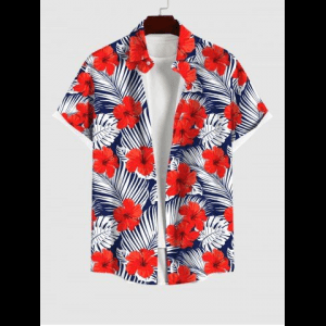 Rosegal, Plus Size Red Hibiscus Flower Tropical Palm Leaf Print Buttons Pocket Hawaii Shirt For Men