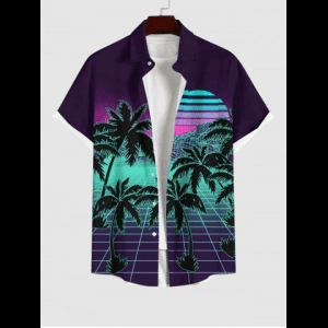 Rosegal, Plus Size Coconut Tree Striped Sun Mountain Synthwave Cyberpunk Neon Grid Print Hawaii Ombre Button Pocket Shirt For Men