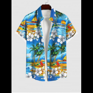 Rosegal, Plus Size Coconut Tree Beach Floral Sea Wave Sailboat Print Button Pocket Shirt For Men