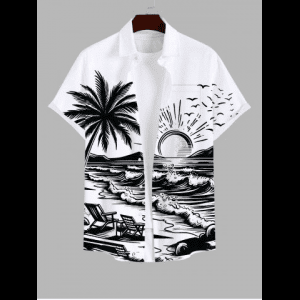 Rosegal, Plus Size Coconut Tree Sun Sea Waves Bird Chairs Print Buttons Pocket Hawaii Shirt For Men