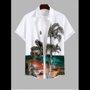 Rosegal, Plus Size Coconut Tree Sea Beach Print Hawaii Button Pocket Shirt For Men