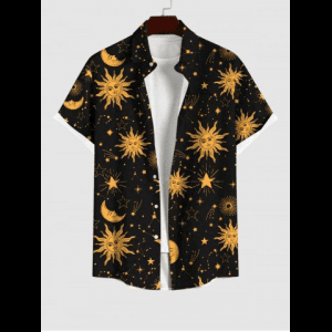 Rosegal, Plus Size Sun Moon Stars Galaxy Print Button Pocket Shirt For Men
