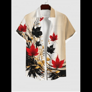 Rosegal, Plus Size Maple Leaf Ink Painting Splatter Print Ombre Button Pocket Shirt For Men
