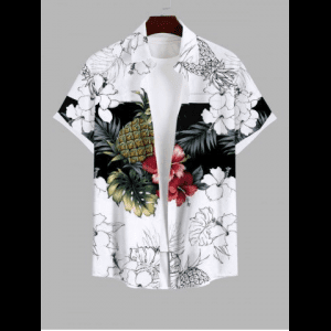 Rosegal, Plus Size Tropical Leaf Hibiscus Flower Pineapple Print Buttons Pocket Hawaii Shirt For Men