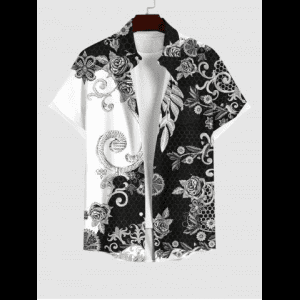 Rosegal, Plus Size Rose Flowers Leaf Colorblock Print Buttons Pocket Shirt For Men