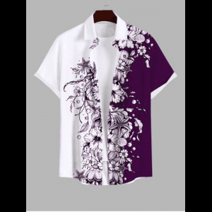 Rosegal, Plus Size Contrast Colorblock Flowers Leaf Print Buttons Pocket Hawaii Shirt For Men