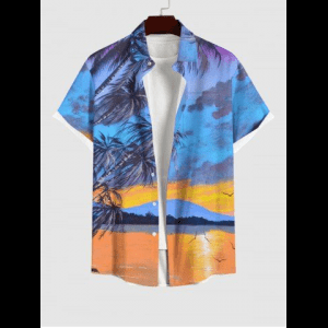 Rosegal, Plus Size Coconut Tree Mountain Bird Sunset Color Sky Print Buttons Pocket Hawaii Shirt For Men