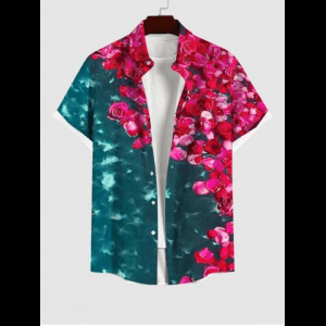 Rosegal, Hawaii Plus Size Sea Rose Flower Print Buttons Pocket Shirt For Men