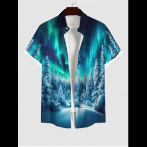 Rosegal, Plus Size Forest Snow Galaxy Light Beam Glitter 3D Print Buttons Pocket Shirt For Men