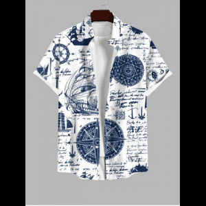 Rosegal, Plus Size Navigation Sailboat Anchor Compass Newspaper Print Buttons Pocket Hawaii Shirt For Men