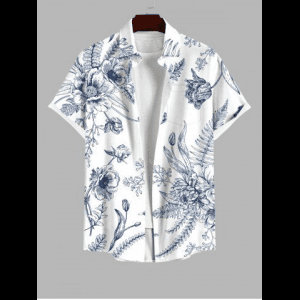 Rosegal, Plus Size Floral Leaves Print Hawaii Button Pocket Shirt For Men
