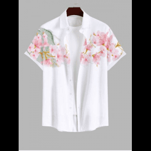 Rosegal, Plus Size Floral Mountain Print Hawaii Button Pocket Shirt For Men