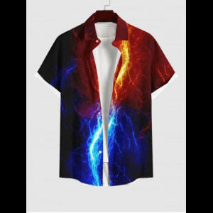 Rosegal, Plus Size Glitter Lightning Print Hawaii Button Pocket Shirt For Men