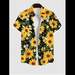Rosegal, Plus Size Sunflowers Daisy Floral Leaf Print Buttons Pocket Hawaii Shirt For Men
