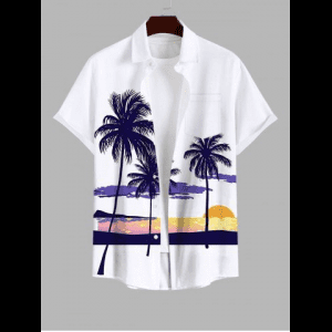 Rosegal, Plus Size Coconut Tree Sky Cloud Sun Print Hawaii Button Pocket Shirt For Men