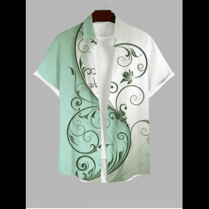Rosegal, Plus Size Curved Line Floral Two Tone Print Hawaii Ombre Button Pocket Shirt For Men