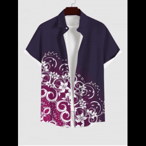 Rosegal, Plus Size Floral Branch Print Hawaii Ombre Button Pocket Shirt For Men