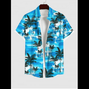 Rosegal, Plus Size Tropical Coconut Tree Sea Print Buttons Pocket Hawaii Shirt For Men